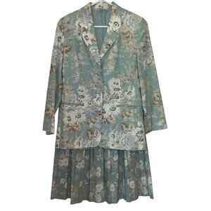 Laura Ashley Vtg Floral Suit 8 Cottagecore Blazer Midi Skirt Blue 90s Pleats